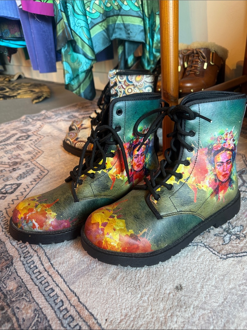 Artistic Green Multi-Color Lace-Up Combat Boots
